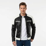 Chaqueta de Cuero Sintético para Hombre | Estilo Café Racer | Negro y Blanco | Slim Fit