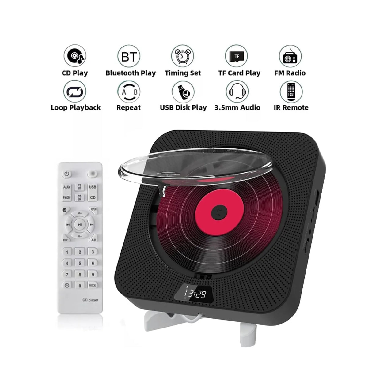 Pantalla LED Reproductor CD portátil Altavoces Bluetooth estéreo-Negro