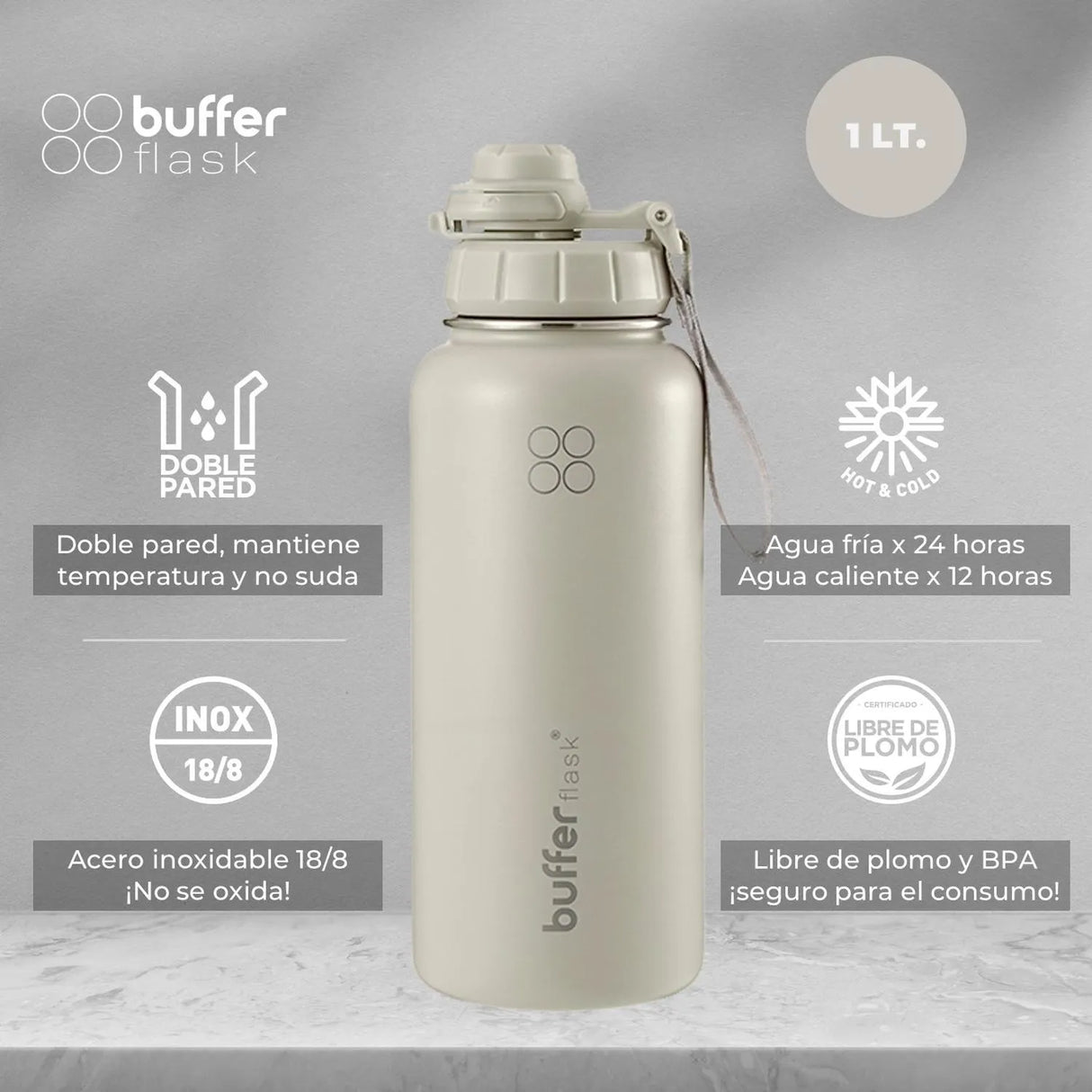 Termo Botella Agua Termica Acero Inoxidable + Tapas - Color Crema