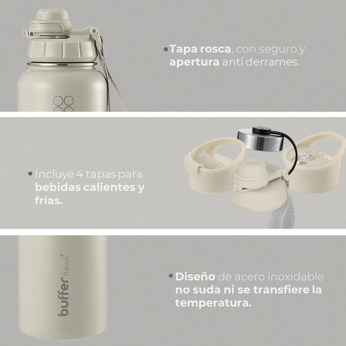 Termo Botella Agua Termica Acero Inoxidable + Tapas - Color Crema