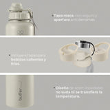 Termo Botella Agua Termica Acero Inoxidable + Tapas - Color Crema