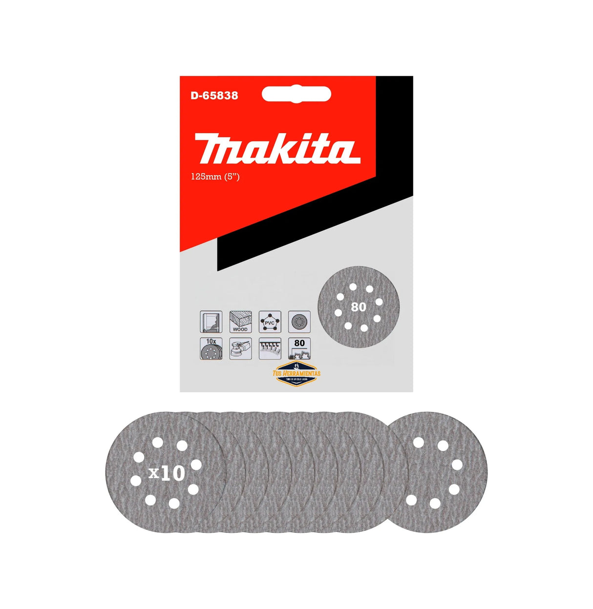 10 Discos Lija Velcro 125mm (5'') Grano 80 Makita D-65838