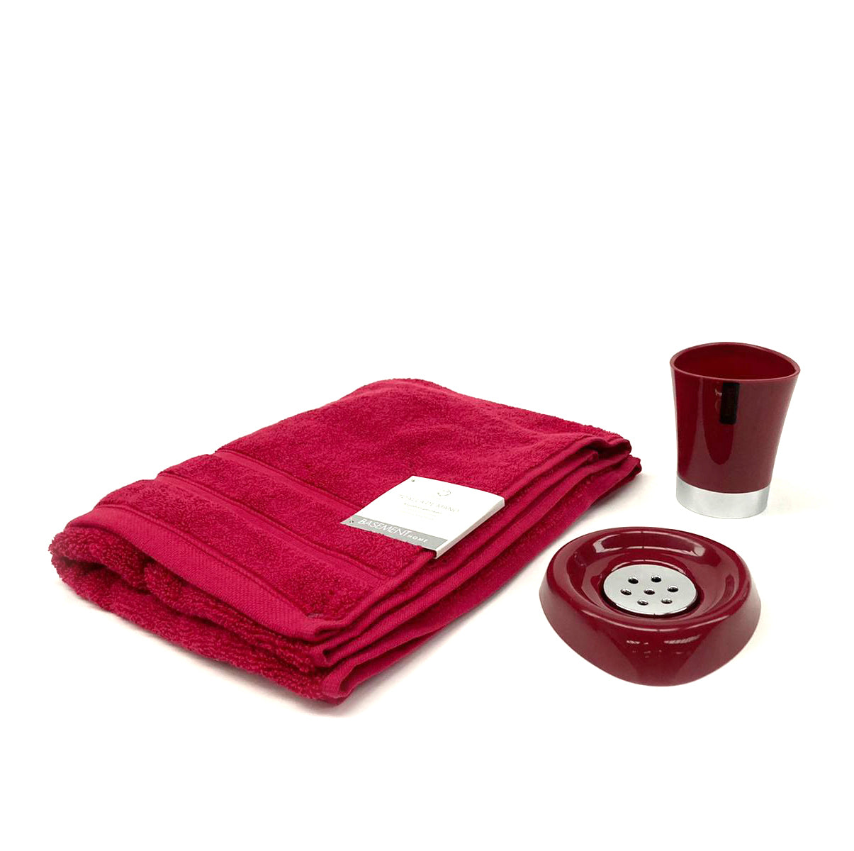Pack 2 en 1 Toalla de manos Basement Home + Set de baño rojo (porta jabón y porta cepillos)